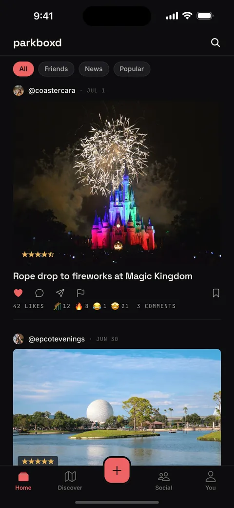 The Parkboxd feed: a friend's Magic Kingdom day with a fireworks photo, a 4.5 star rating and reactions